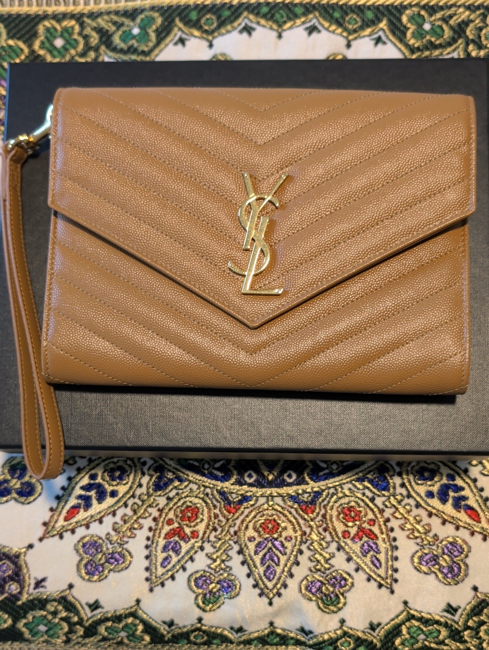 Saint Laurent Cassandre Matelasse Flap Pouch in Quilted Leather (Dark Natural)